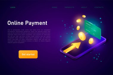 Çevrimiçi ödeme konsepti, web sitesi şablonu. 3D gerçekçi telefon, üzerindeki kredi kartı ve 3D dolar illüstrasyon..