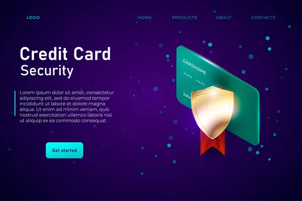 Credit card security weebpage template, landing concept met gouden bescherming schild. — Stockvector