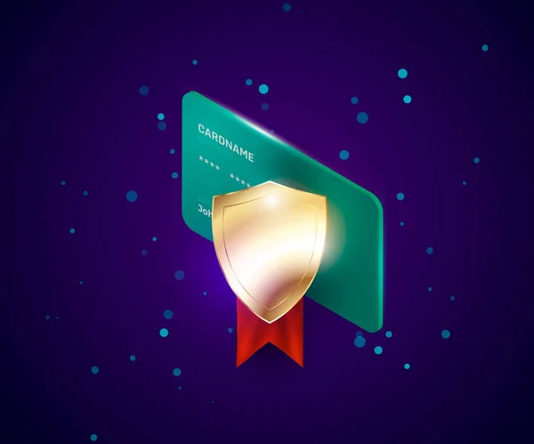 Ілюстрація безпеки кредитних карток із золотим захисним щитом. Система цифрової безпеки онлайн платежів, протокол безпеки — стоковий вектор