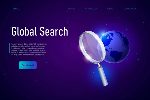 Global Search web sayfası iniş şablonu, vektör illüstrasyonu. Geniş büyüteç ve 3D Dünya izometrik. — Stok Vektör