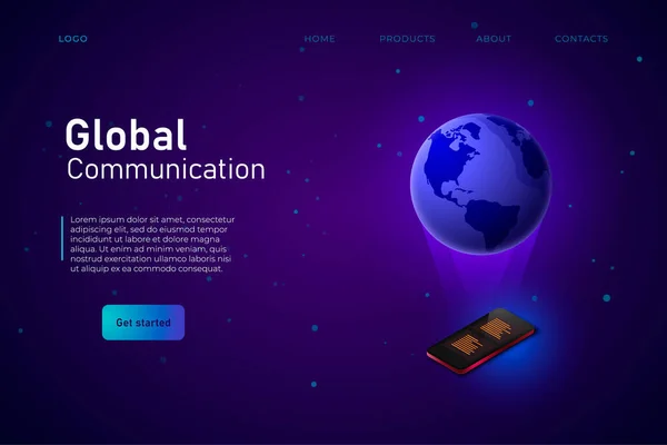 Global Communication header landing web page template. Izometrický telefon a 3d země výše z tohoto — Stockový vektor