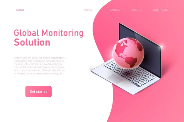 Global Monitoring Solutions weboldal koncepció 3D rajzfilm föld és 3D-s izometrikus nagy részletességű laptop. — Stock Vector