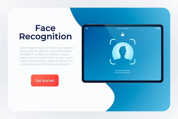 Ansiktsigenkänning system illustration koncept. svart tablett med startlåsskärm med ansiktsidentifikationsikon. webbplats landningssida mall. säker tillgång till uppgifter — Stock vektor