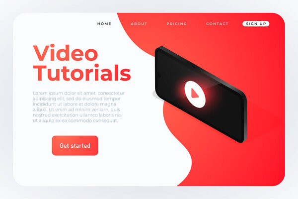video tutorials isometric banner concept with 3d realistic phone with play video icon. website landing template.