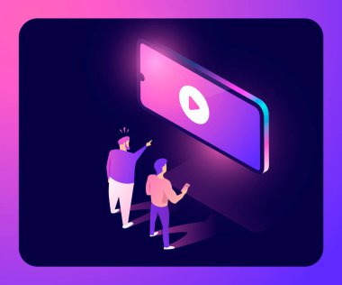 İzleyici karakterler sunum ekranında izliyorlar. Oynatma simgesi düğmeli Isometric 3d telefon.