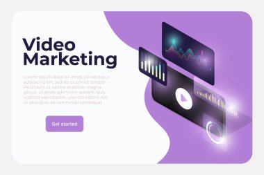 video marketing tools illustration concept. isometric 3d realistic phone with ui ux dashboard elements, statistic, graphs, diagrams, status bars. Digital marketing banner concept