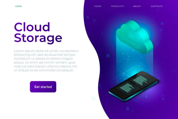 Cloud storage concept illustration, data center storage banner. Isometric cloud icon and 3d realistic isometric smartphone. — Stok Vektör