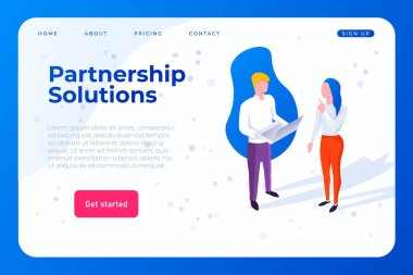 Ortaklık çözümleri web iniş sayfası konsepti. İki çalışan bir sorunu tartışıyor ve çözüyorlar, çözüm arıyorlar.