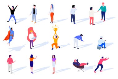 Çeşitli ilişkilerde yer alan bir dizi izometrik karakter. İş adamları bir ortaklık anlaşması yaptı, süper kahraman.