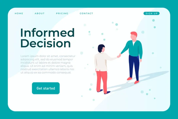情報に基づいた意思決定のウェブデザインページテンプレート2人の異性愛者が握手をし情報に基づいた意思決定をし — ストックベクタ