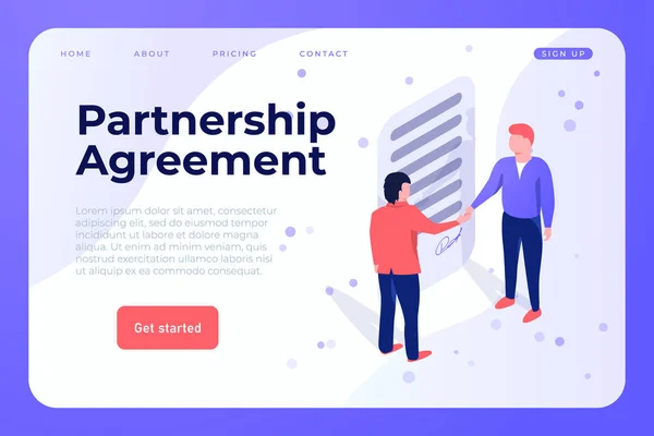 Partnerschapsovereenkomst illustratie webpagina landing template. Twee mensen tekenden de overeenkomst door de hand te schudden. — Stockvector