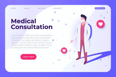 Tıbbi danışmanlık, laboratuvar önlüklü doktorla web sayfası illüstrasyonu.