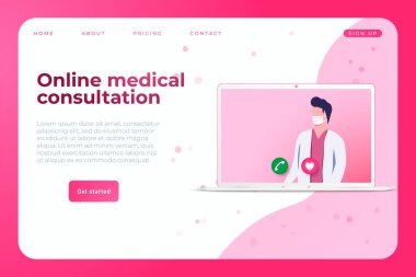 İnternetteki tıbbi danışmanlık konsepti ve dizüstü bilgisayardaki doktor illüstrasyonu. Online tıp illüstrasyonu.