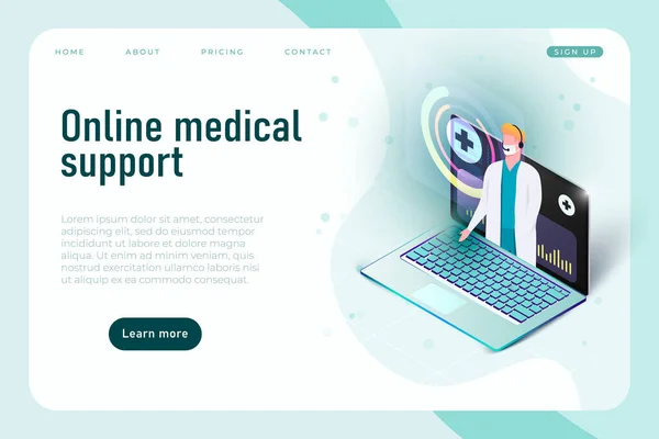 Online tıbbi destek, tele tıp afişi konsepti. Akıllı telefon uygulaması ile doktorla iletişim — Stok Vektör