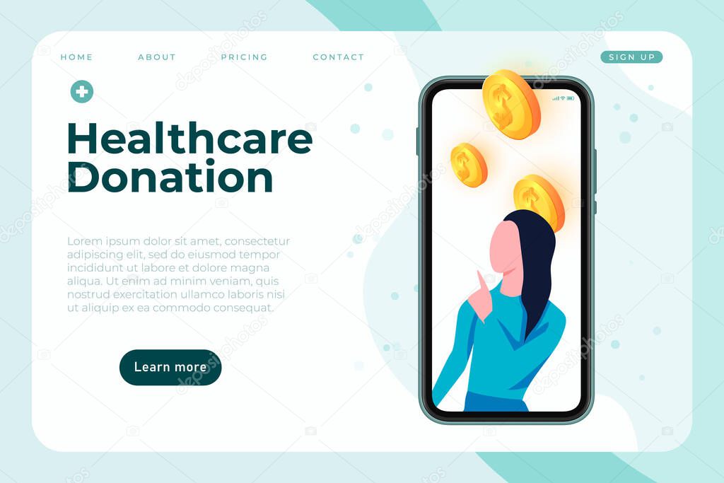 Medical donation banner template, health care charity landing page template