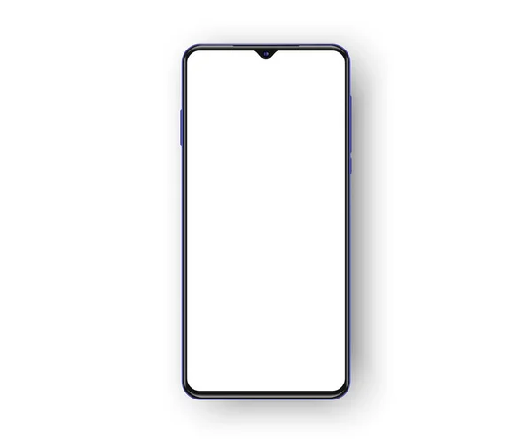 Modèle de téléphone cellulaire sans cadre isolé sur fond blanc avec des ombres réalistes et écran blanc pour votre contenu. Modèle réaliste de smartphone 3d — Image vectorielle