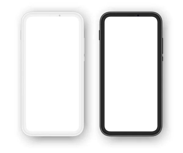 Bezramkowe makiety smartfonów, wersje białe i czarne. pusty ekran dla treści. — Wektor stockowy