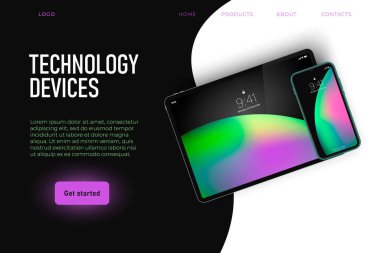 Teknoloji cihazları, gerçekçi tablet ve akıllı ürünler, web sayfası şablonu,