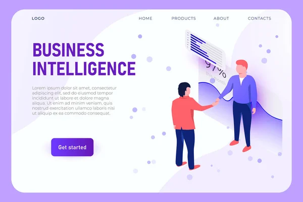 Concept de page de business intelligence avec deux spécialistes. graphiques et tableaux d'analyse sur fond . — Image vectorielle