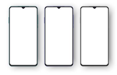 Selfie kameralı üç farklı renkli telefon seti. modern gerçekçi 3D akıllı telefonlar.,