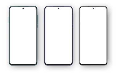 Selfie kameralı üç farklı renkli telefon seti. modern gerçekçi 3D akıllı telefonlar.,