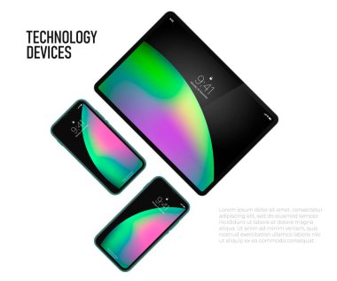 Beyaz arkaplanda izole edilmiş vektör gerçekçi 3D tablet ve akıllı telefon üst görünümü. Aygıtlarda renkli başlangıç ekranı. aygıt modellemeleri
