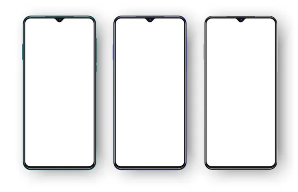 Set van drie verschillende gekleurde telefoons met selfie camera 's. moderne realistische 3D-smartphones mockup, — Stockvector
