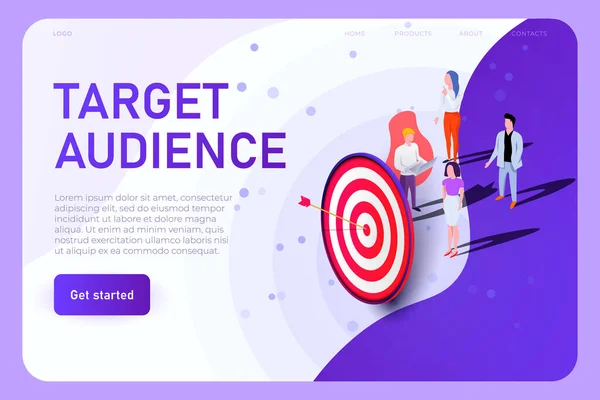 객석 삽화 컨셉, 착륙 페이지 템플릿. ( 영어 ) Red goal with characters, online target ad concepted — 스톡 벡터