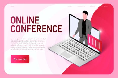 Çevrimiçi konferans odası web sayfası şablonu. Profesyonel konferans, online sunum, web toplantı odası konsepti. Isometric 3D web sitesi uygulaması. İniş web sayfası şablonu