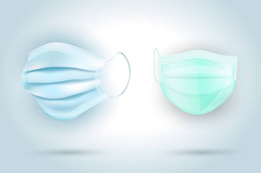 Korunaklı 19 Coronavirus koruması için iki koruyucu yüz maskesi, izole edilmiş, gerçekçi 3 boyutlu tıbbi maskeler.