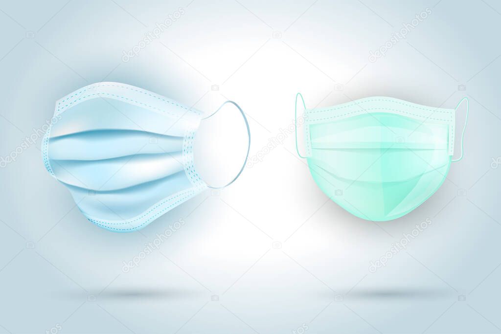 set of two protective face masks isolated, realistic 3d medical masks for covid 19 coronavirus protection
