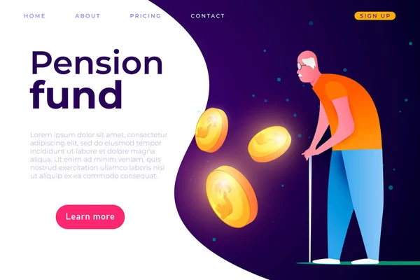 Pensioenfonds landing page cover template, pensioenbetalingen illustratie concept. Sjabloon voor webpagina 's. — Stockvector