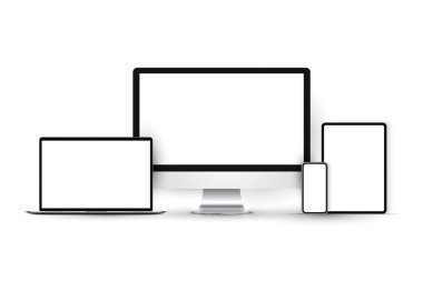 Monitör, dizüstü bilgisayar, tablet ve akıllı telefon ile cihaz modelleme seti. 3D gerçekçi yüksek detaylı teknoloji aygıtları ayarlandı,