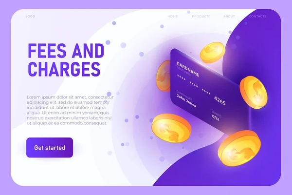 Vergoedingen en heffingen illustratie concept, landing page template. Bankpas met 3d model munten — Stockvector