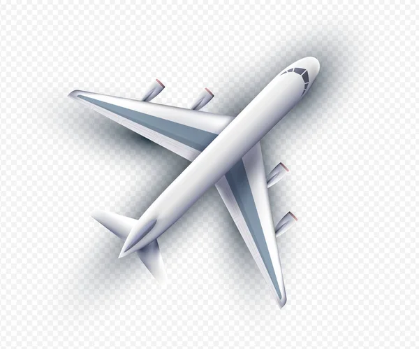 Vector 3d realistic airliner with high detailed objects, top view. Realistic plane isolated with transparent shadows, top view — Stock Vector