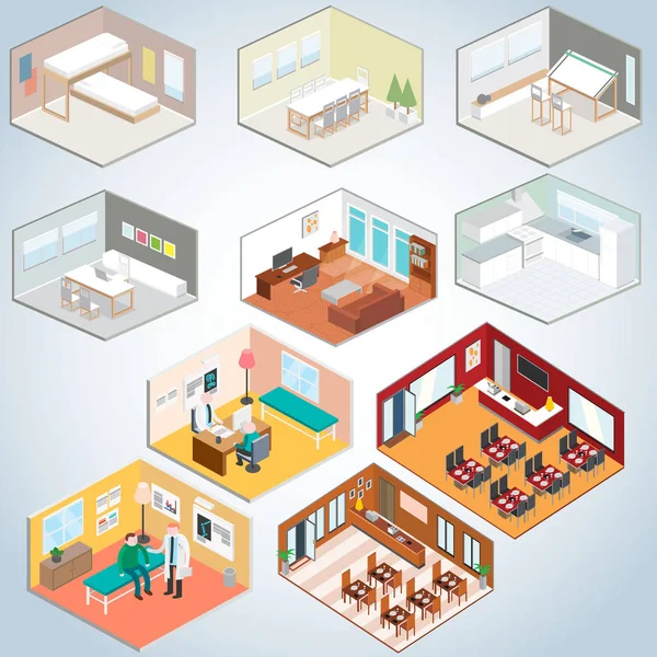 Isometric interior set, Isometric rooms — Stock Vector