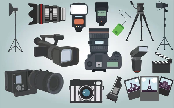 Equipamento de câmara de fotógrafo — Vetor de Stock