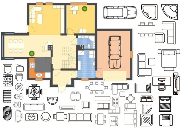 Plano de arquitetura com móveis na vista superior — Vetor de Stock