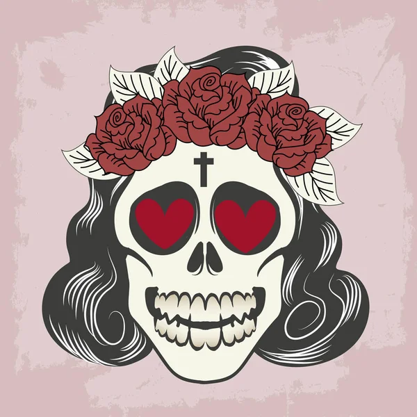 Totenkopf mit Haaren und Rose — Stockvektor