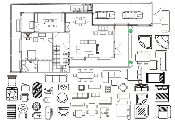 Arkitekturplan med möbler i ovanifrån — Stock vektor