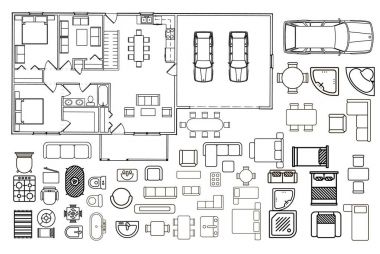 Mimari plan üstten görünüm mobilya ile