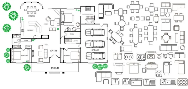体系结构规划与顶视图的家具 — 图库矢量图片