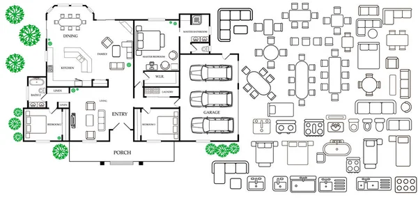 トップ ビューの家具と建築計画 — ストックベクタ