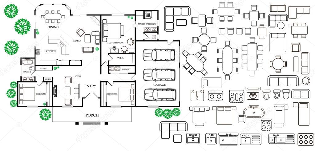 Architecture plan with furniture in top view