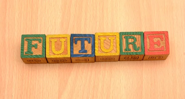 Palabras futuras sobre bloques de madera - Concepto futurista — Foto de Stock