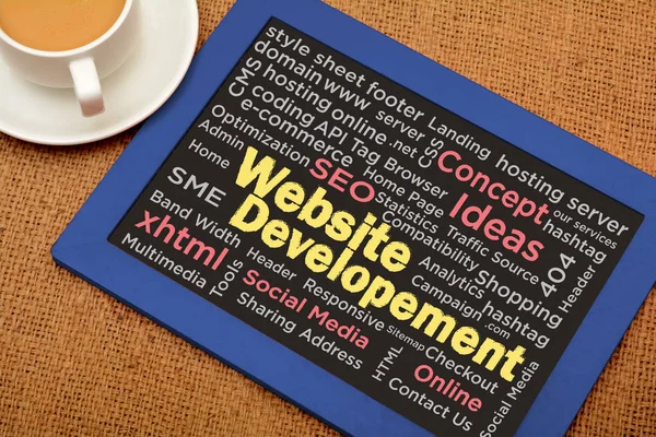Website Development Chalkboard concept with word collage — Stock Photo, Image