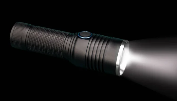 Battery powered flashlight on black background with copy space — Stock Photo, Image