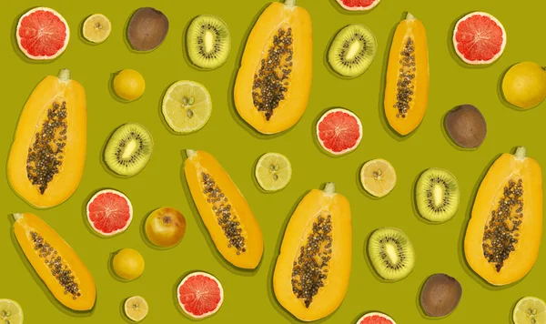 Collage-Foto von Papaya und Grapefruit mit gelbem Kopierraum, Fruchtkonzept — Stockfoto