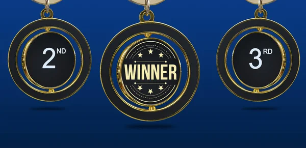 Winnaar gouden badges, 2e en 3e op blauwe banner — Stockfoto