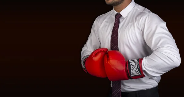 Professional showing muscles with boxing gloves in challenge banner concept — Stock Photo, Image